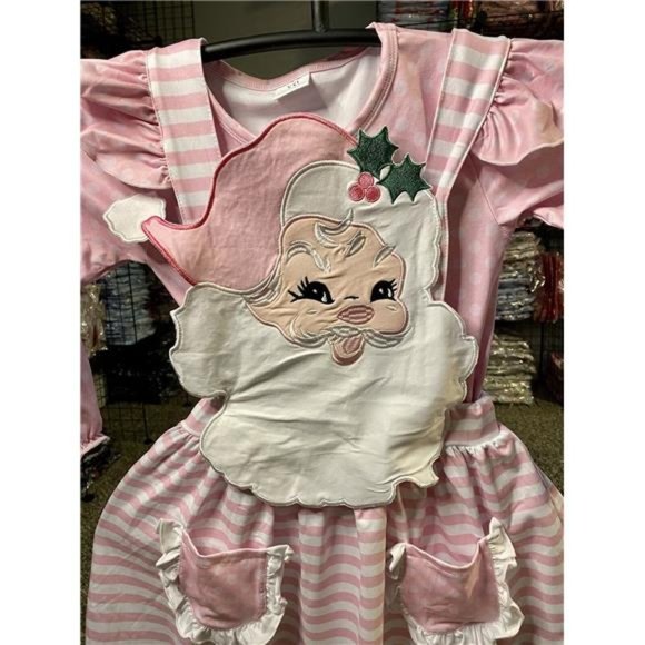 New Pink & White Embroidered Santa 2-Piece Christmas Dress w/Long Sleeve Shirt - Picture 3 of 5